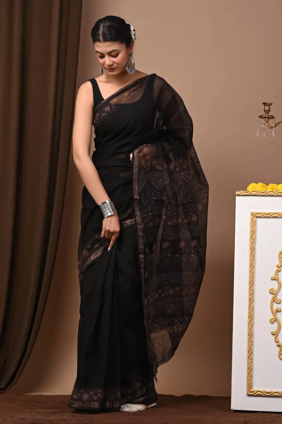 Handcrafted Bagru Print Black Colour Kota Sarees